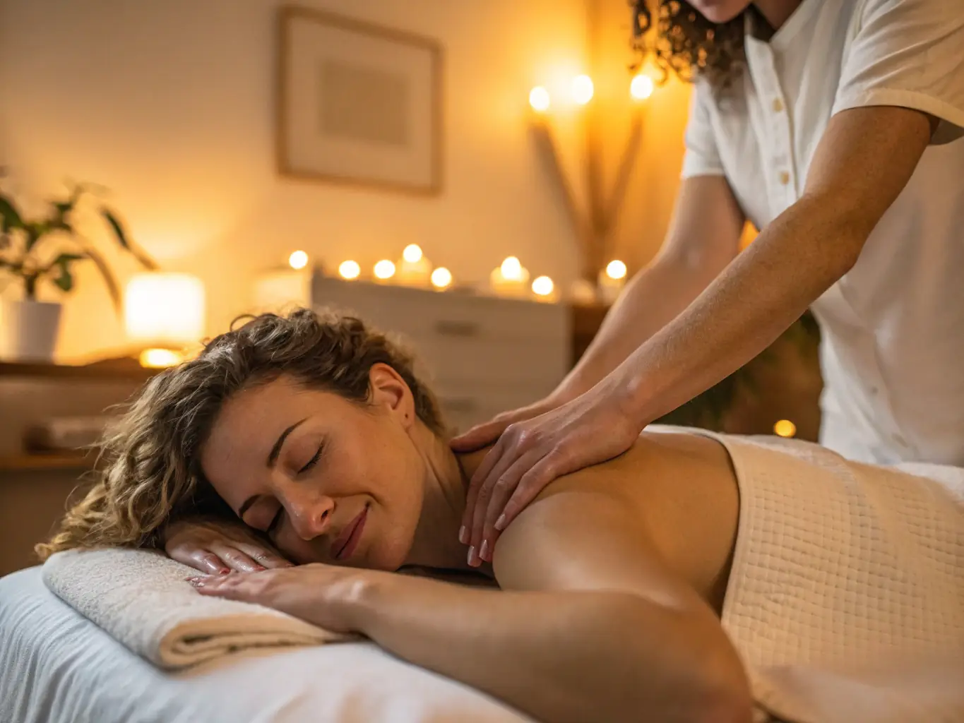 A focused image of a therapist applying deep tissue massage techniques to a client's back, highlighting the intensity and precision of the treatment. The image should convey the therapeutic benefits of deep tissue massage for chronic pain relief.