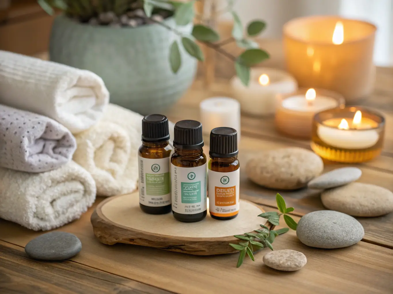 An inviting image of aromatherapy massage session, showcasing essential oil bottles and a diffuser, with soft, warm lighting. The scene should emphasize the calming and therapeutic effects of aromatherapy.