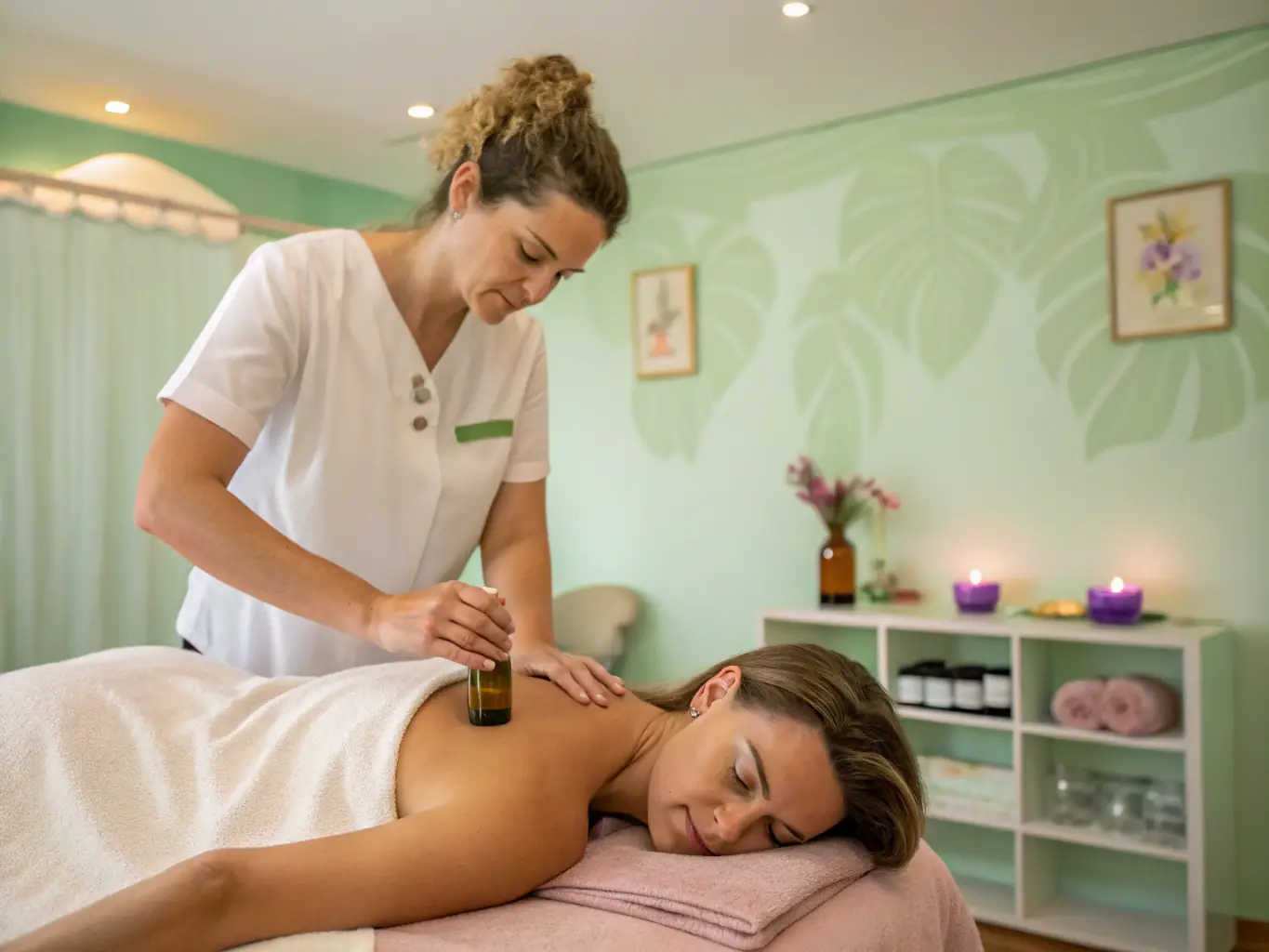 A calming image of essential oils and a therapist massaging a client with aromatic oils, highlighting the sensory experience of aromatherapy massage.