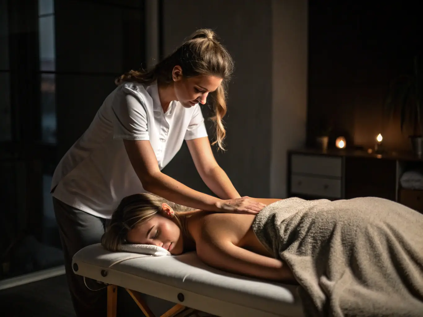 An image showing a therapist applying deep pressure on a client's back in a professional spa environment, emphasizing the therapeutic aspect of deep tissue massage.