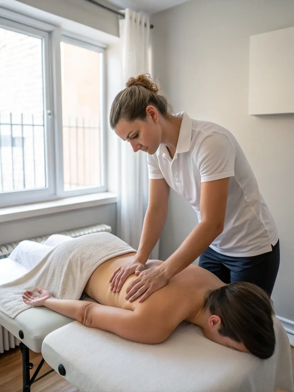 An image showcasing improved posture and alignment after a Thai massage session, highlighting the therapist gently adjusting the client's spine at Massage Dubai Marina.