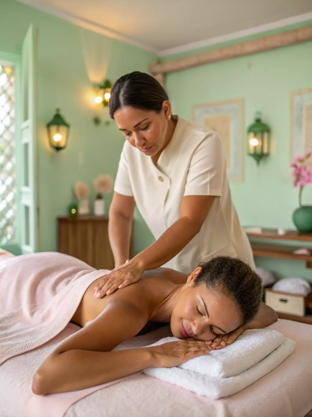 A serene image of a client receiving a Thai massage, focusing on the gentle stretching of the back, in a clean and modern studio at Massage Dubai Marina.